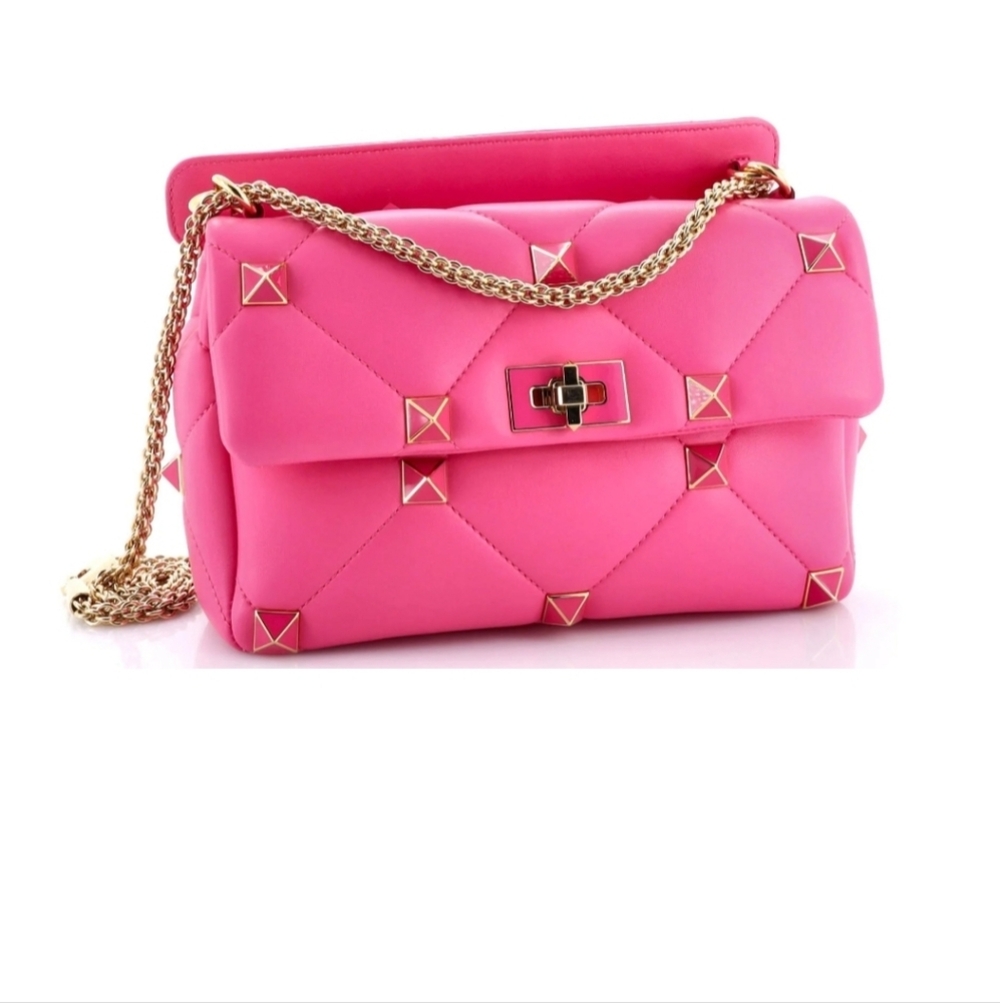 Valentino Garavani Pink Nappa with Chain Roman Stud Large Shoulder Bag